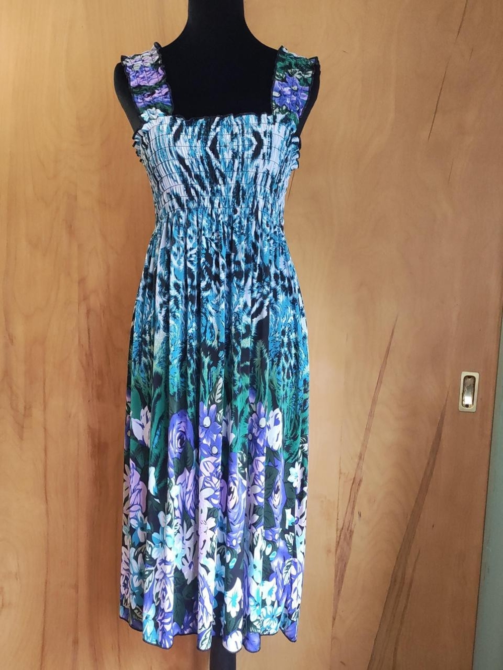 Blue & Purple Floral Shirred Maxi Dress